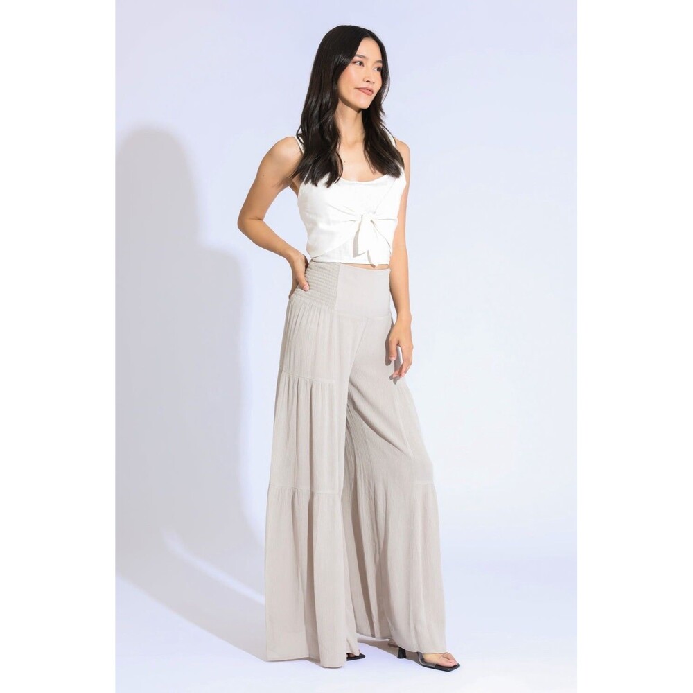REWASH Tiered Wide Leg Tie Waist Palazzo Pants Boho Beach Sz M Light Beige